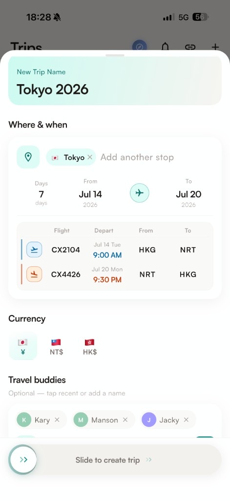 Create a new trip — destination, dates, flights, currency, and travel buddies