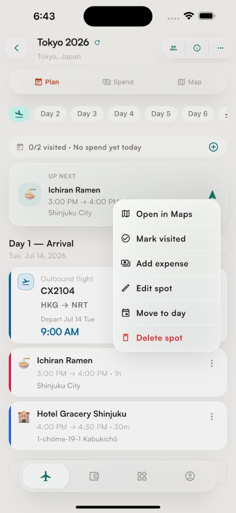 Plan tab for Tokyo 2026 — day itinerary with spot actions like open in maps and add expense