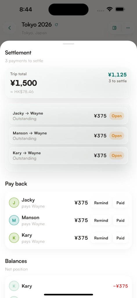 Settlement sheet — outstanding payments, remind, and mark paid