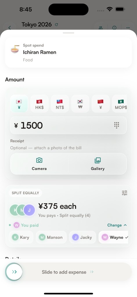 Add a spot spend — choose currency, amount, receipt, and equal split